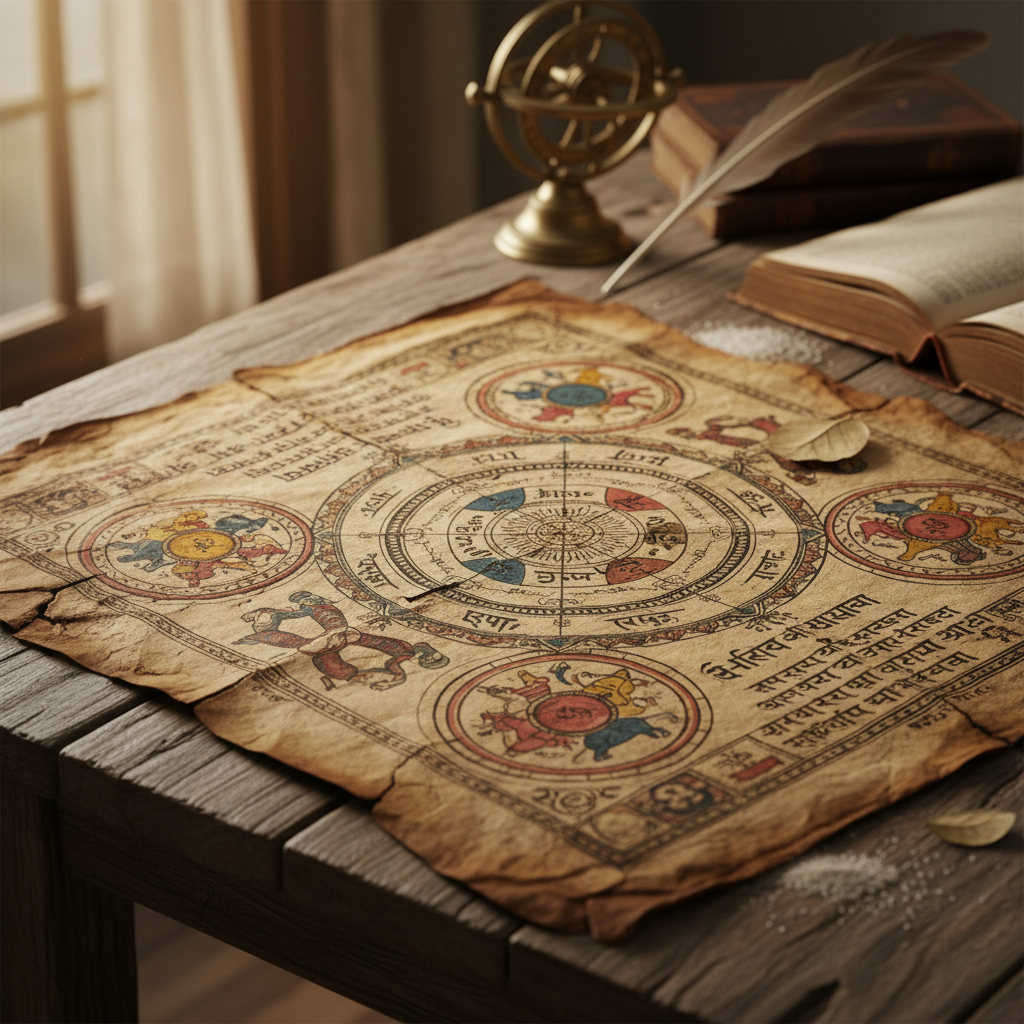 Ancient Sanskrit manuscript with Vedic astrology symbols and planetary diagrams on aged parchment