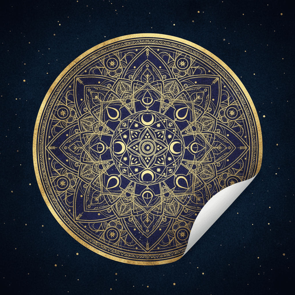 Ancient cosmic mandala with intricate geometric patterns and celestial symbols in gold and deep blue