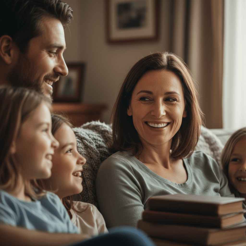 Happy family with parents and two children smiling together in bright home setting